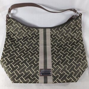 Tommy Hilfiger Monogram Canvas Shoulder Tote Purse Bag Silver Gray Brown Stripe